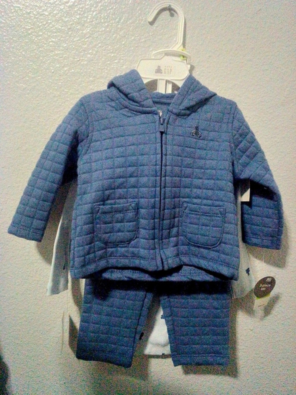 baby GAP 3-Piece Quilted Hoodie Bodysuit and Pants Set Blue & White Baby 3-6M